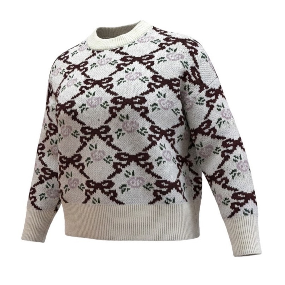 Sincerely Jules Womens Bow Rose Floral Knit Sweater Cream Burgundy XS